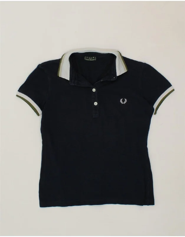 FRED PERRY Womens Polo Shirt UK 12 Medium Navy Blue Relaxed Fit Short Blouse