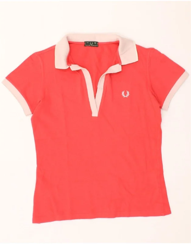 FRED PERRY Womens Polo Shirt UK 12 Medium Red Colourblock Fashionable Button-Front Short Sleeve FRED PERRY Womens Polo Shirt UK 12 Medium Red Colourblock Fashionable Button-Front Short Sleeve