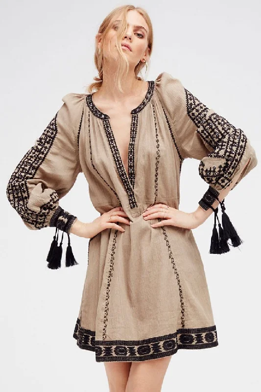 Fringe Ethnic Embroidered Long Sleeve Boho Style Mini Dress - Gray Chic Mini Dress with V-Neck