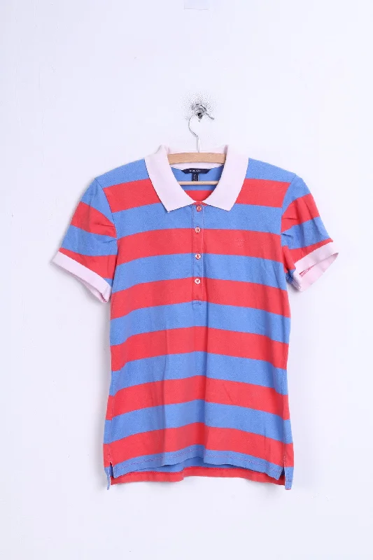 GANT Womens L Polo Shirt Striped Blue Cotton Fitt Top Cozy Summer Short Shirt
