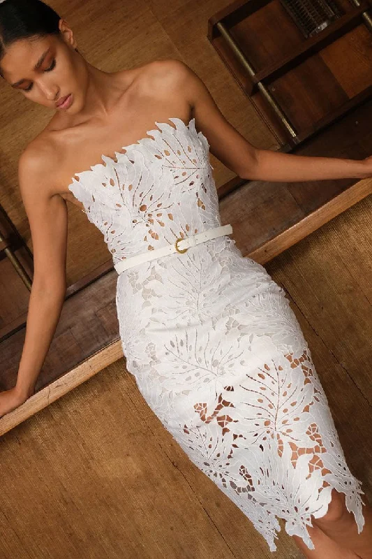 Glamorous Leaf Laser Cut Strapless Bandage Cocktail Midi Dress - White Trendy Knit Midi Dress Glamorous Leaf Laser Cut Strapless Bandage Cocktail Midi Dress - White Trendy Knit Midi Dress