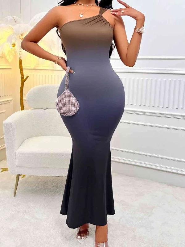 Gradient Single Shoulder Sleeveless Midi Dress Elegant Satin Midi Dress