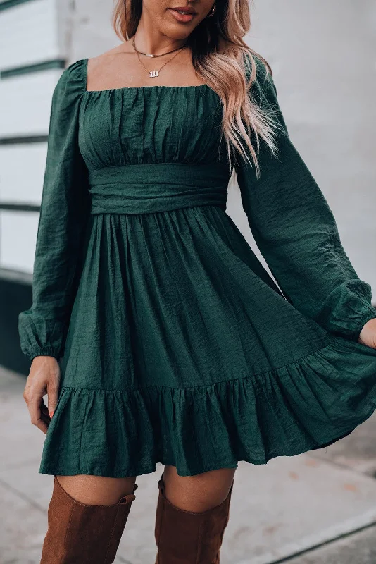 Green Ruched Square Neck Puff Sleeve MIni Dress Classic Shift Mini Dress
