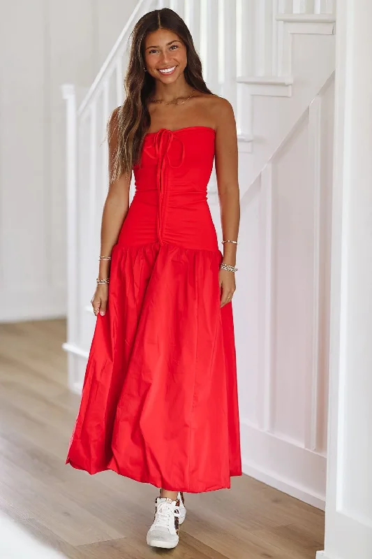 Headed to Beverly Hills Midi Dress - Red Fashionable Off-Shoulder Dress Midi