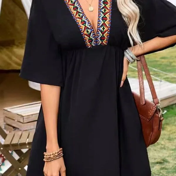 High Waist V neck Embroidery Bat Sleeve Mini Dress, Black Classic White Mini Dress