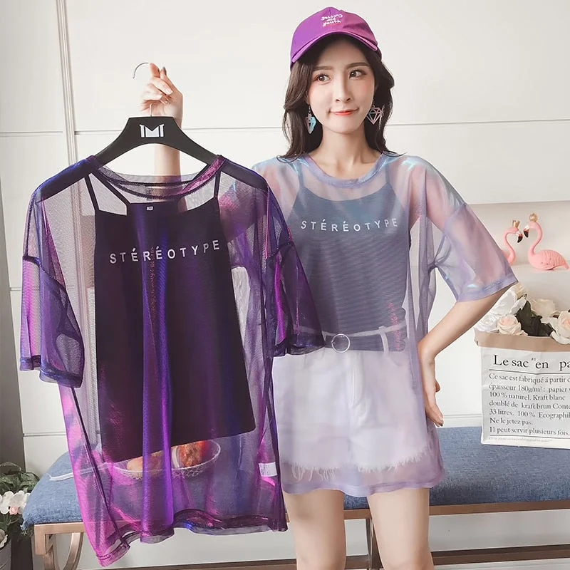 Hollow Out T Shirt Women Sexy Transparent Summer Tops Cozy Printed Short Shirt