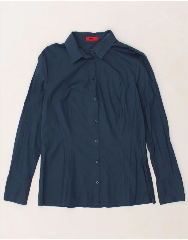 HUGO BOSS Womens Shirt EU 42 Large Navy Blue Cotton Fashionable Tied Short Sleeve