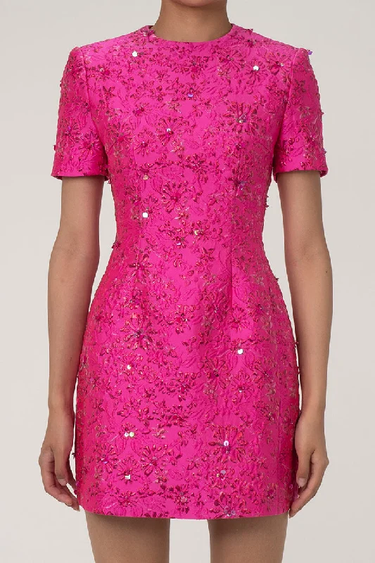 Intricate Sequin Lurex Jacquard Floral Crew Neck Short Sleeve Party Mini Dress Cozy Cotton Mini Dress