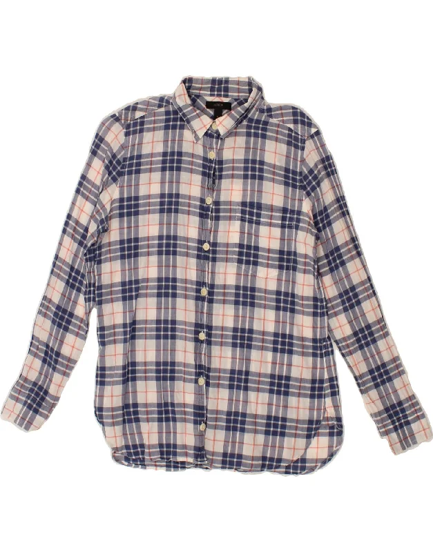 J. CREW Womens Shirt US 6 Medium Navy Blue Check Cotton Classic Solid Short Shirt