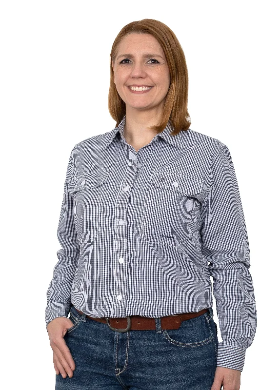 Just Country Wmns Abbey Full Button Print Workshirt Navy/White Mini Check Comfortable Short Sleeve Blouse