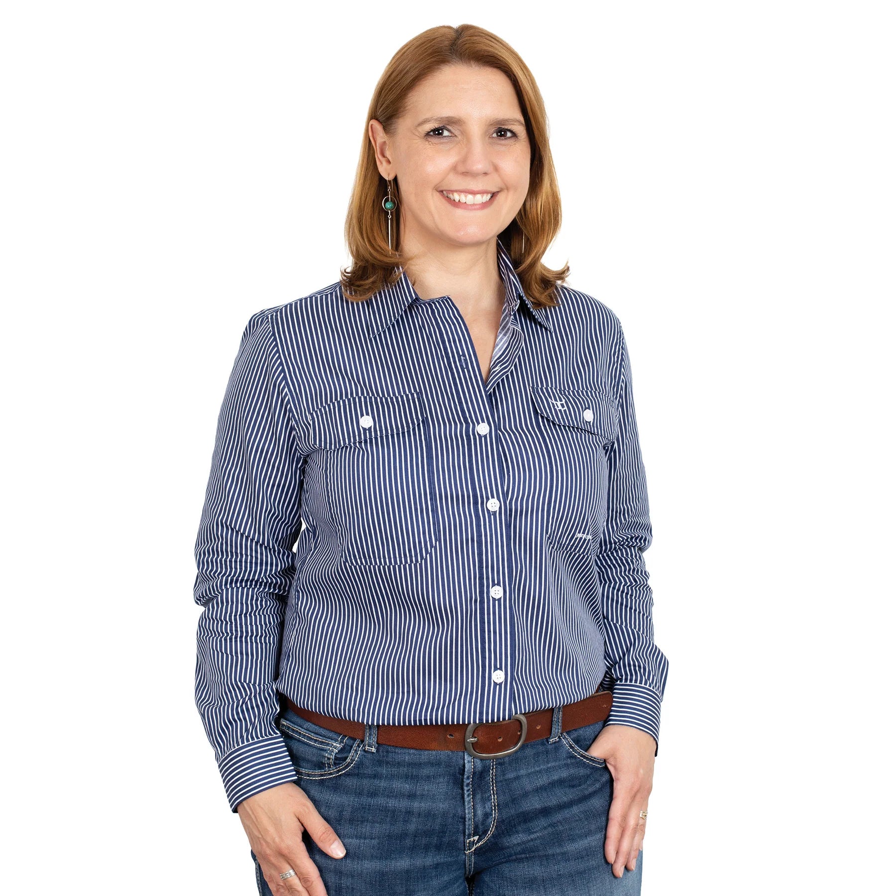 Just Country Wms Abbey Full Button Print Workshirt Navy/White Stripe Soft Flowing Short Shirt Just Country Wms Abbey Full Button Print Workshirt Navy/White Stripe Soft Flowing Short Shirt