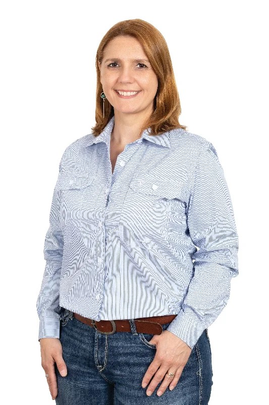 Just Country Wms Abbey Full Button Workshirt Navy/White Pin Stripe Stylish Crew Neck Shirt Just Country Wms Abbey Full Button Workshirt Navy/White Pin Stripe Stylish Crew Neck Shirt