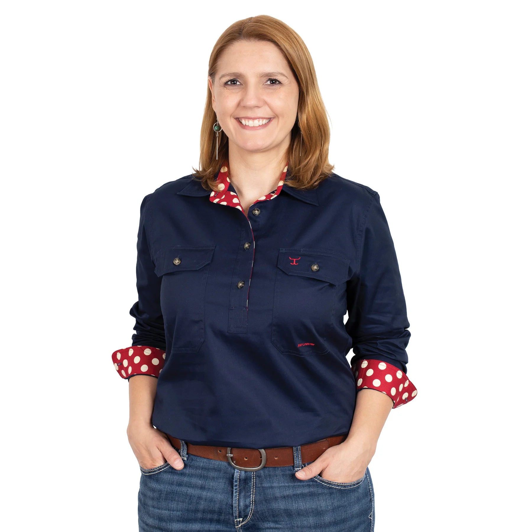 Just Country Wms Jahna trim Half Button Solid Workshirt Navy/Crimson Spots Relaxed Cotton Short Shirt Just Country Wms Jahna trim Half Button Solid Workshirt Navy/Crimson Spots Relaxed Cotton Short Shirt