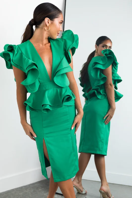 Kelly Green Deep V Neck Ruffle Midi Dress Cozy Spaghetti Strap Midi Dress