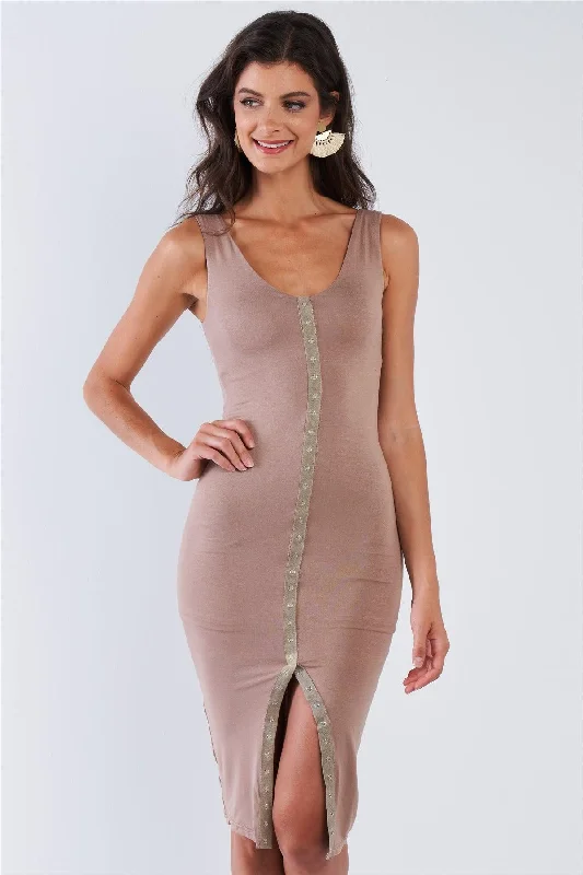 Snap Up Button Sleeveless Scoop Neck Midi Dress Trendy Square Neck Midi Dress