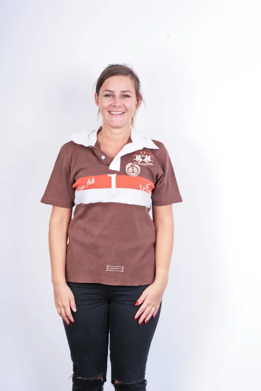 La Martina Womens M Polo Shirt Sport Brown Cotton Trendy Turtleneck Short Shirt
