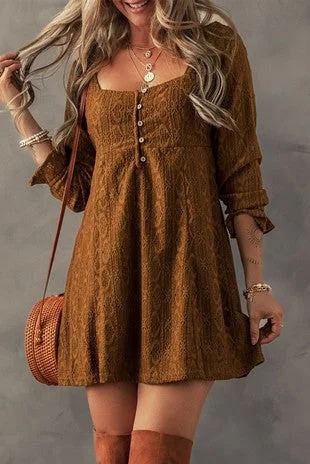 Lace Crochet Buttoned Square Neck Shift Mini Dress Elegant Satin Lace Mini Dress