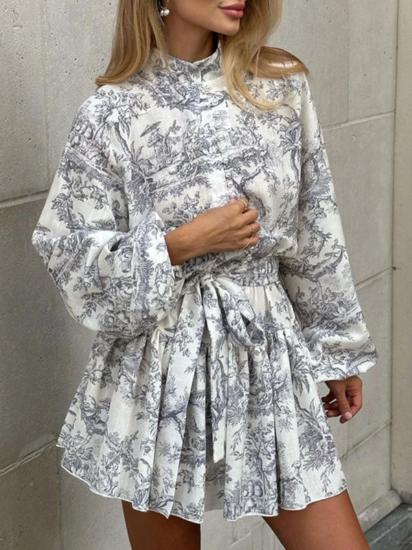 Lantern Long Sleeve Print Mini Dress Cozy Cotton Mini Dress
