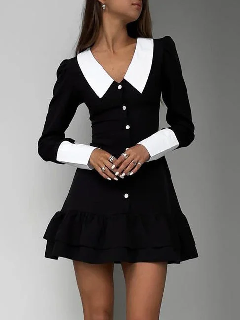Lapel Color Block Black Mini Dress Stylish Spaghetti Strap Mini Dress