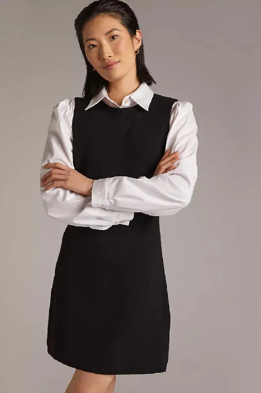 Layered Mini Dress - Black and White Trendy Off-Shoulder Dress Mini