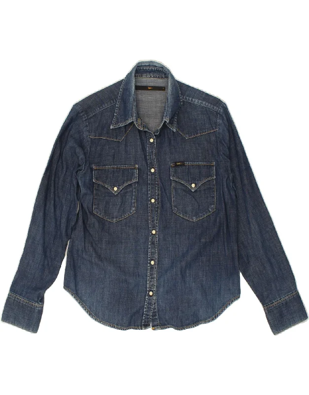 LEE Womens Denim Shirt UK 14 Large Navy Blue Cotton Trendy Short Sleeve Tunic