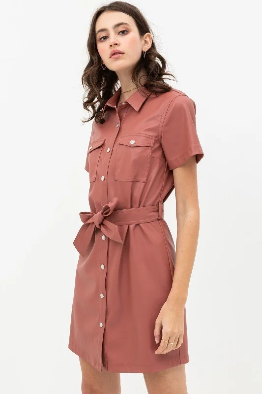 Solid Short Sleeves Pleather Mini Dress Elegant Vintage Mini Dress