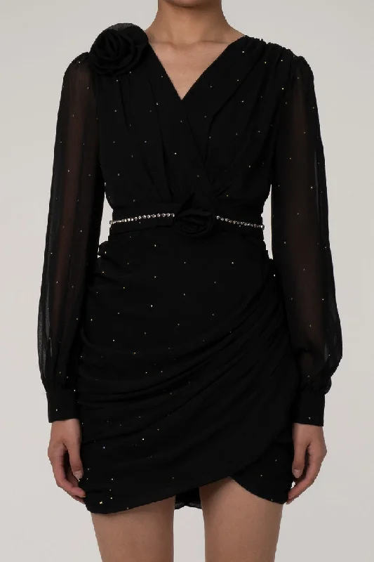 Luxurious Rosette Wrap Neck Crystal Detail Chiffon Ruched Party Mini Dress Comfortable One-Shoulder Mini Dress