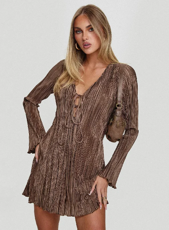 Malop Long Sleeve Mini Dress Chocolate Fashionable Polka Dot Mini Dress