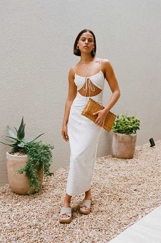 Mariah Midi Dress Trendy Off-Shoulder Button Midi Dress