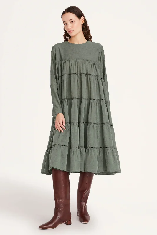 Maida Midi Dress in Moss Chambray Comfortable Draped Midi Dress