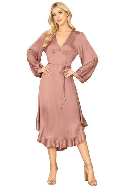 Mauve V Neck Waist Tie Ruffle Hem Midi Dress - Pack of 5 Fashionable High-Low Midi Dress Mauve V Neck Waist Tie Ruffle Hem Midi Dress - Pack of 5 Fashionable High-Low Midi Dress