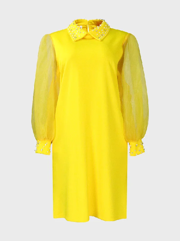 Mesh Sleeve Beaded Mini Dress Fashionable Mini Dress with Pockets