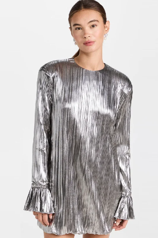 Metallic Shoulder Pad Long Sleeve Shift Pleated Mini Dress - Silver Comfortable One-Shoulder Mini Dress