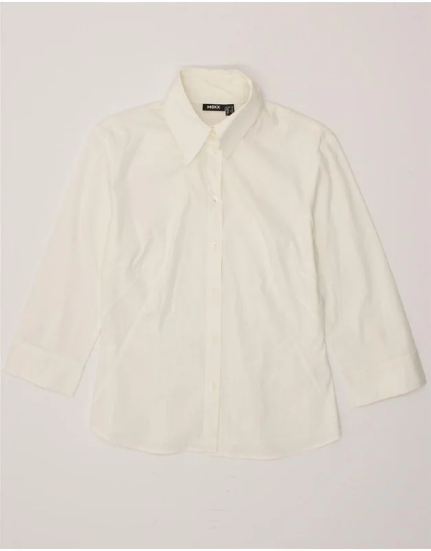 MEXX Womens Shirt UK 12 Medium Off White Cotton Comfortable Graphic Short Sleeve