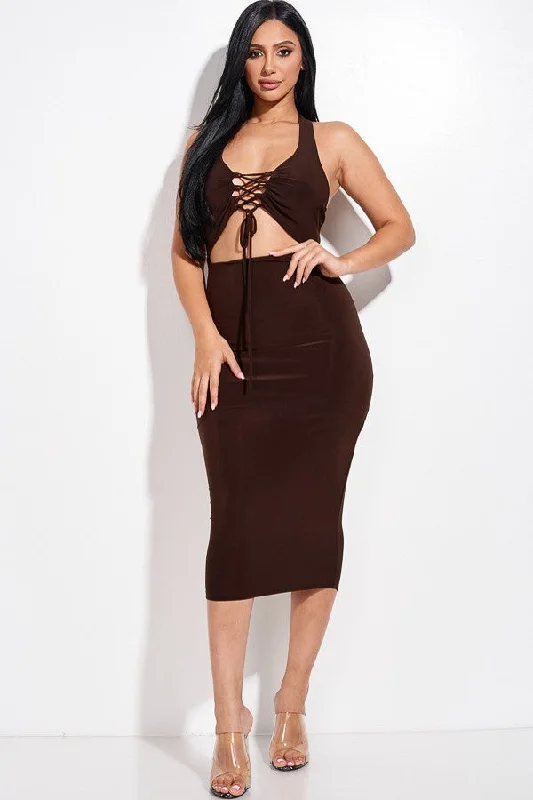 Solid Halter Neck Midi Dress With Criss Cross Front And Cutout Trendy Mock Neck Midi Dress