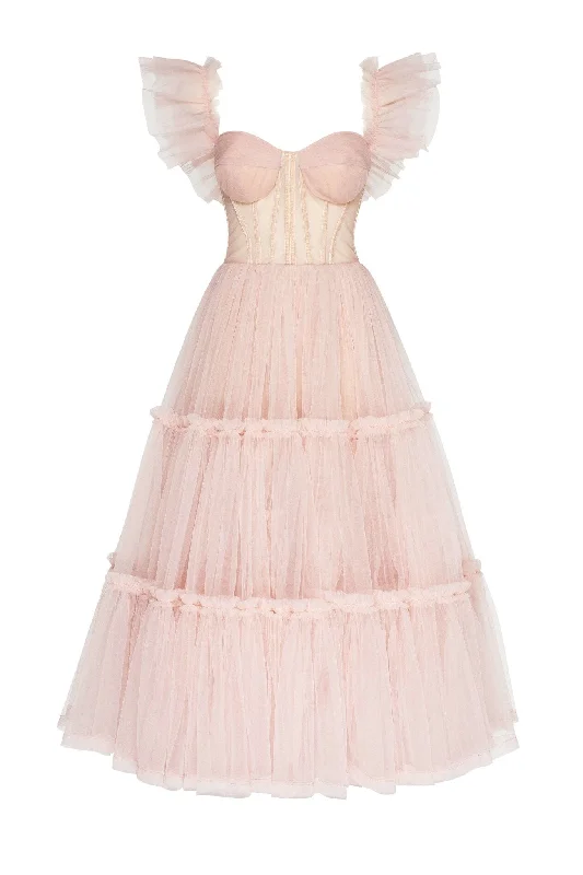 Misty Rose Ruffled Tulle Midi Dress Comfortable Knitwear Midi Dress