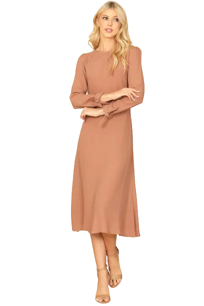 Mocha Cuff Tie Long Sleeve Solid Midi Dress - Pack of 5 Fashionable Pleated Midi Dress