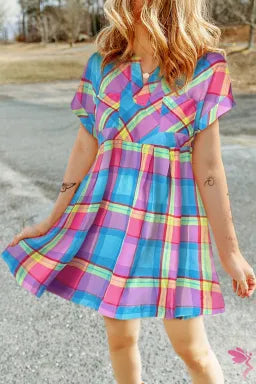 Multicolor Plaid Babydoll Mini Dress Comfortable Zip-Up Mini Dress