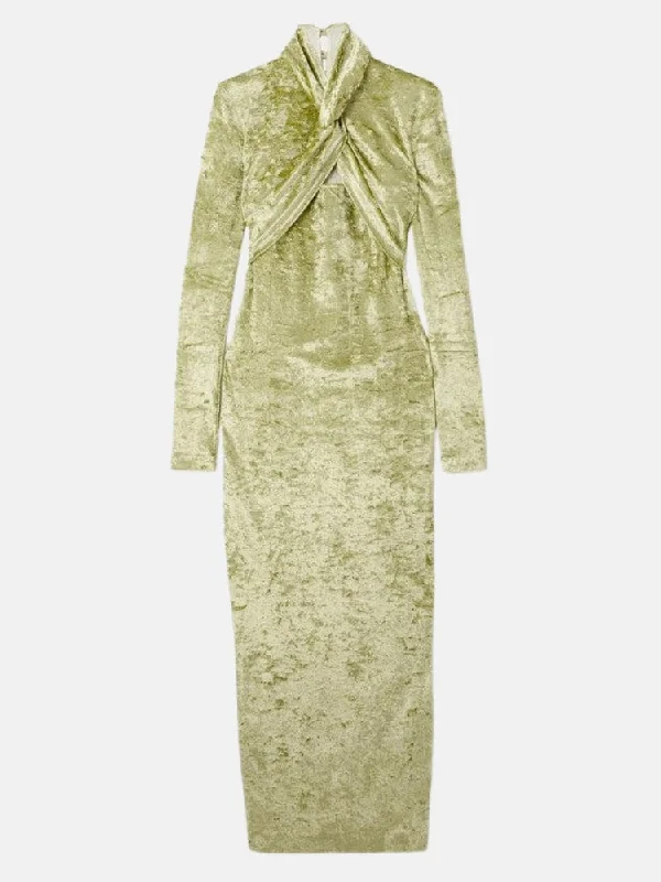 Twist Front Crushed Velvet Midi Dress Green Cozy Ribbed Knit Midi Dress