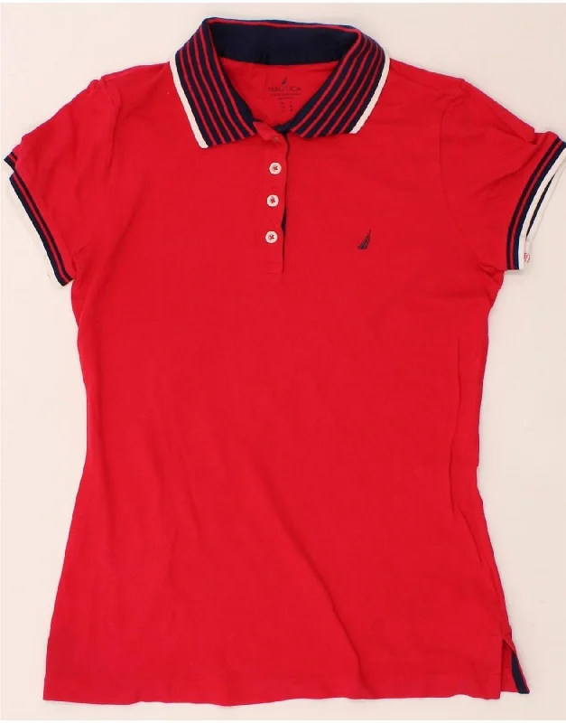NAUTICA Womens Polo Shirt UK 12 Medium Red Cotton Trendy Tie-Front Short Shirt