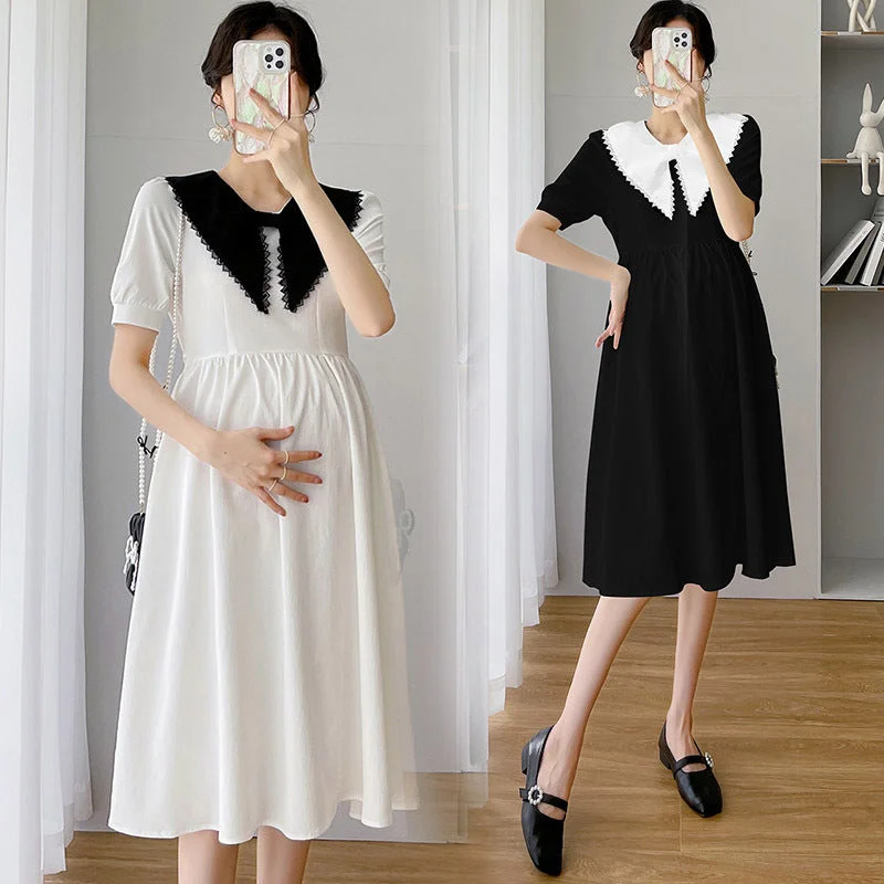 NiDELL Maternity Dress . Maternity round Neck Solid Color Short Sleeve Midi Dress Fashionable Pleated Midi Dress