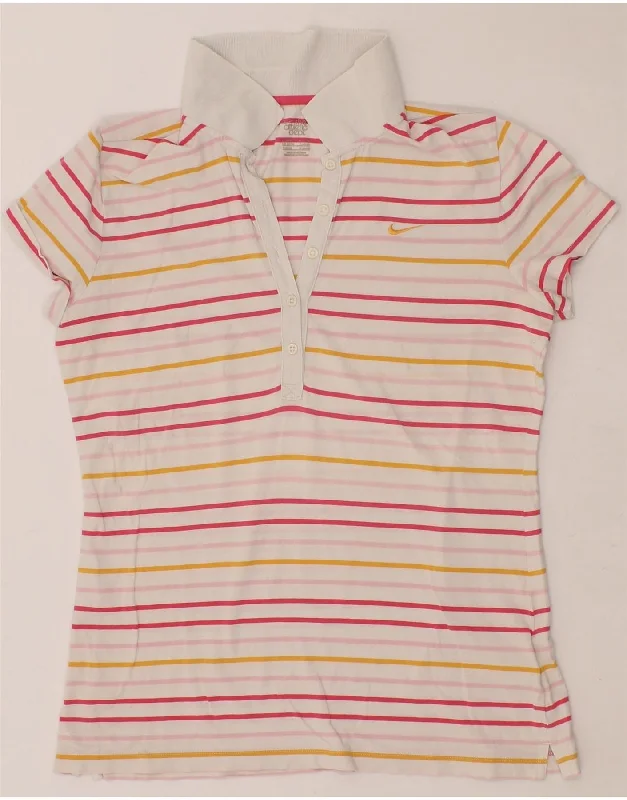 NIKE Womens Polo Shirt UK 16/18 Large Pink Striped Cotton Relaxed Fit Short Shirt