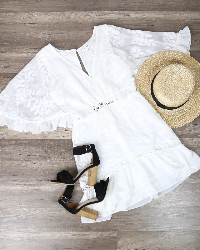 Not Without My Coffee Batwing Leaf Embroidered Ruffle Trim Mini Dress in White Stylish Ribbed Mini Dress