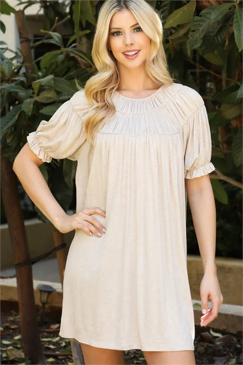 Oatmeal Short Sleeve Ruffle Detail Mini Dress Trendy Bodycon Mini Dress