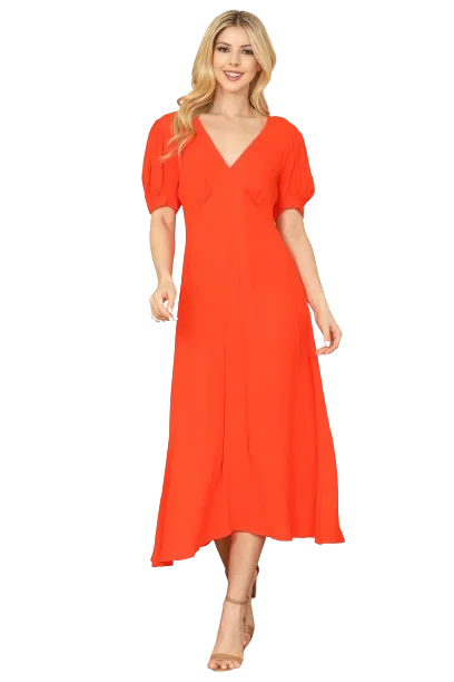 Orange Solid Puff Short Sleeve V Neck Midi Dress - Pack of 5 Fashionable High-Neck Midi Dress