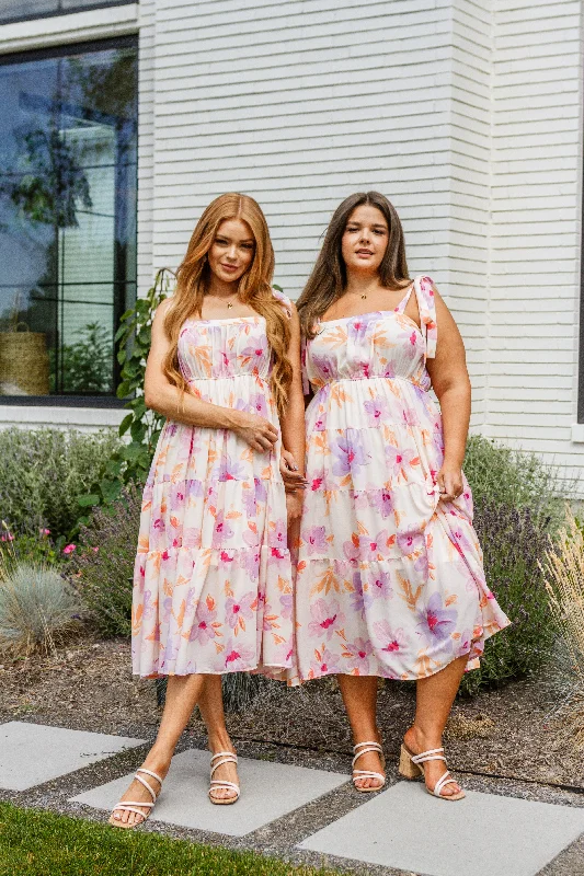 Pastel Petals Floral Midi Dress Comfortable Floral Print Midi Dress