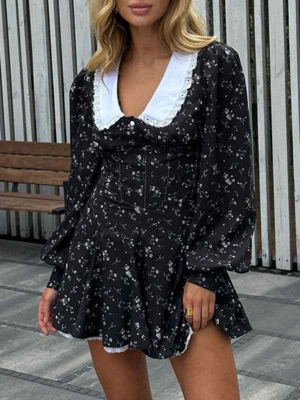 Peter Pan Collar Printed Black Mini Dress Stylish Sweetheart Neck Mini Dress