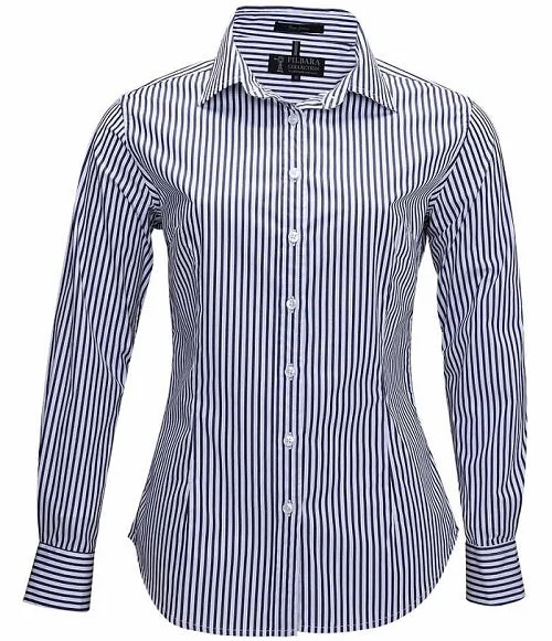 Pilbara Ladies Shirt Navy White Stripe Trendy Turtleneck Short Shirt