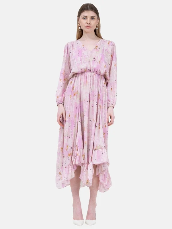 Pink Midi Dress In Abstract Print With Pleats Comfortable Button Front Midi Dress