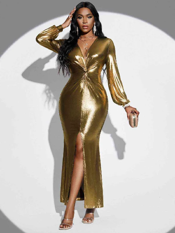 Plunge Twisted Slit Midi Dress Stylish Vintage Midi Dress